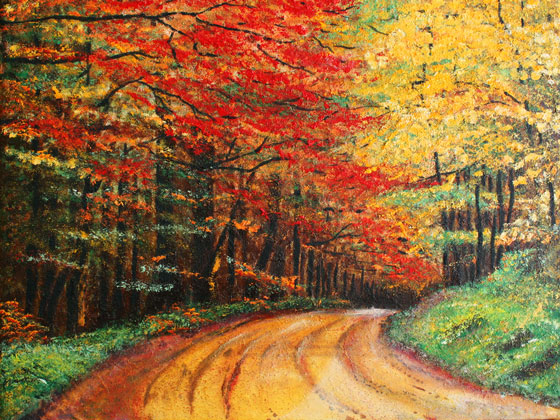 oil painting of a dirt road and colorful Autumn leaves